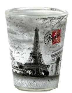 Copo de shot com 4 monumentos de Paris preto e branco